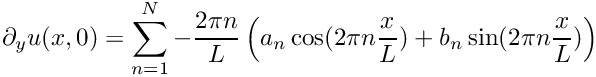 \[
\partial_y u(x,0) = 
\sum_{n=1}^N -\frac{2\pi n}{L}\left( a_n \cos(2\pi n\frac{x}{L}) + 
                                     b_n \sin(2\pi n\frac{x}{L})\right)
\]